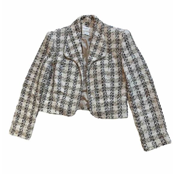 Doncaster Vintage Woven Blazer Jacket 100% Silk Size 6 Ivory Black Crop Open - Picture 1 of 4